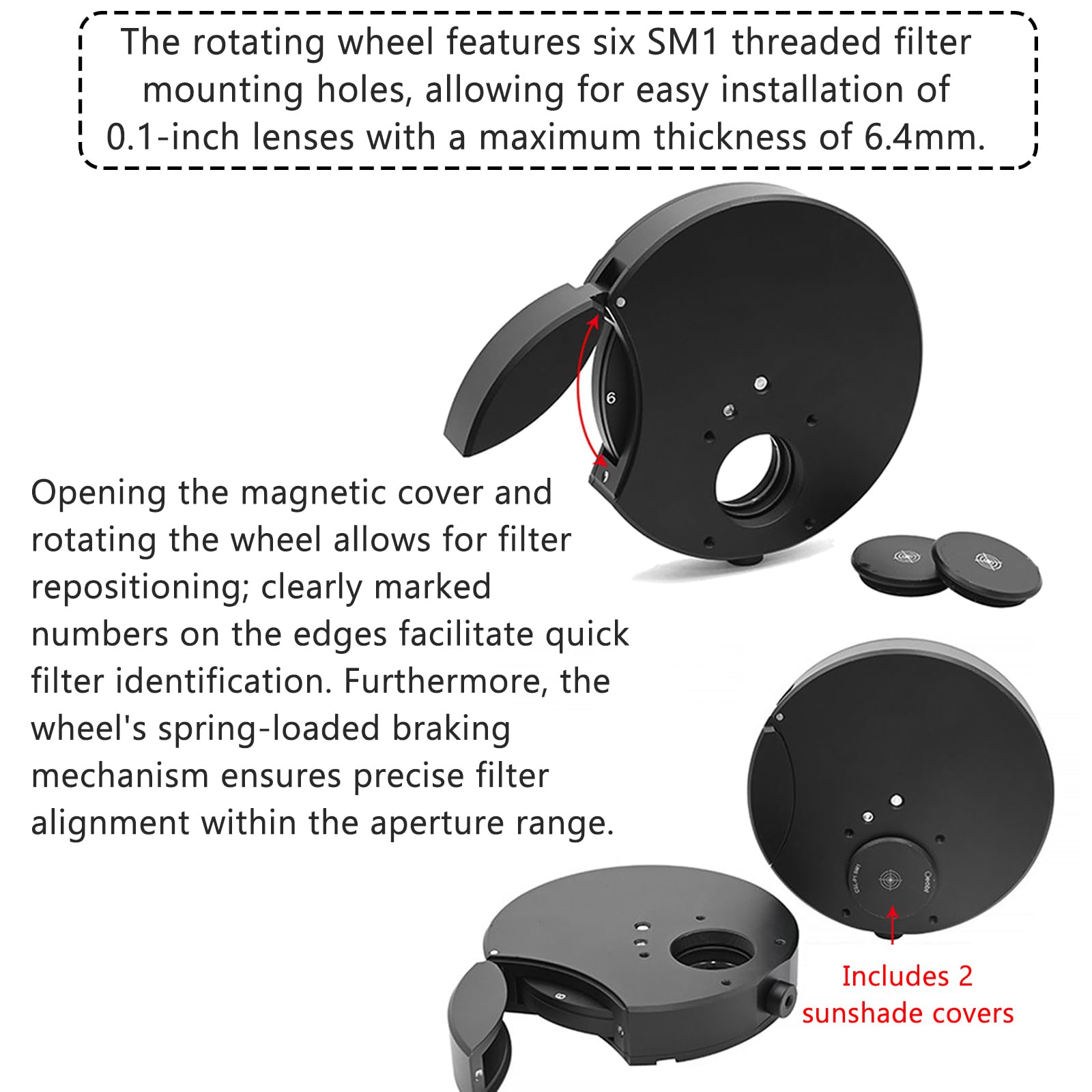 Rueda de filtro de 6 posiciones para telescopio, soporte blindado para observación astronómica, rueda de filtro de 1 pulgada para experimentos ópticos, diseño duradero y versátil