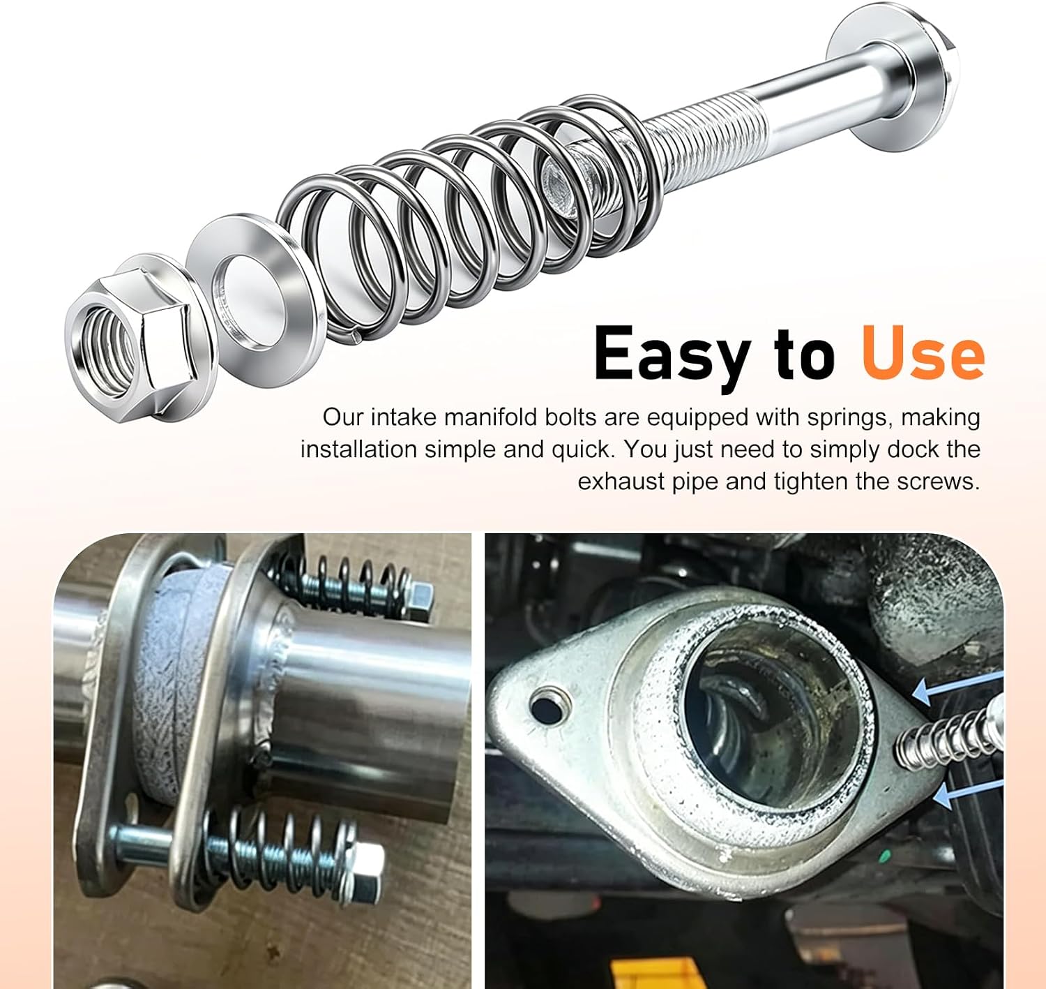 2PCS Car Exhaust Manifold Bolts, M10x1.25 Carbon Steel Flange Exhaust Bolts Nuts Kit with Spring, Vibration Reduction Fastener Nuts, Universial Exhaust Flange Bolt Accessories for Most Cars