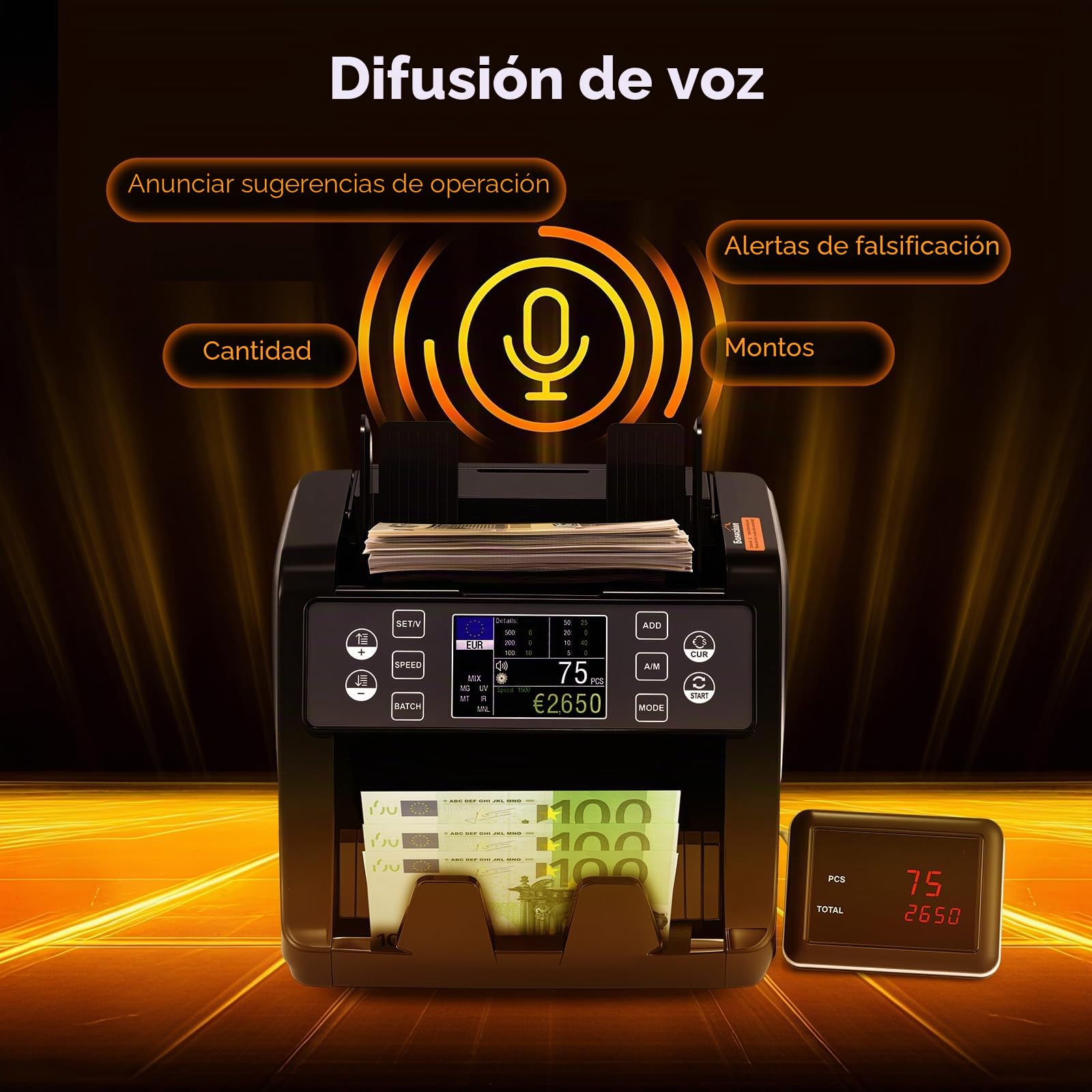 Bonvoisin Maquina de Contar Billetes, Totaliza Las Denominaciones Mixtas | 1500 Billetes/Min, Detección UV/IR/MG/MT, Clasificación, Lotes y Acumulación, Pantalla TFT HD, Para Bancos y Empresas