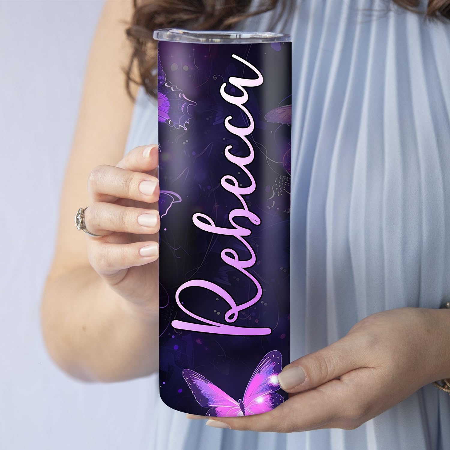 Hyturtle Personalized Butterfly Skinny Tumbler - Custom Name 20oz Stainless Steel Tumbler - Night Purple Gift for Women - Animal Lover Gift