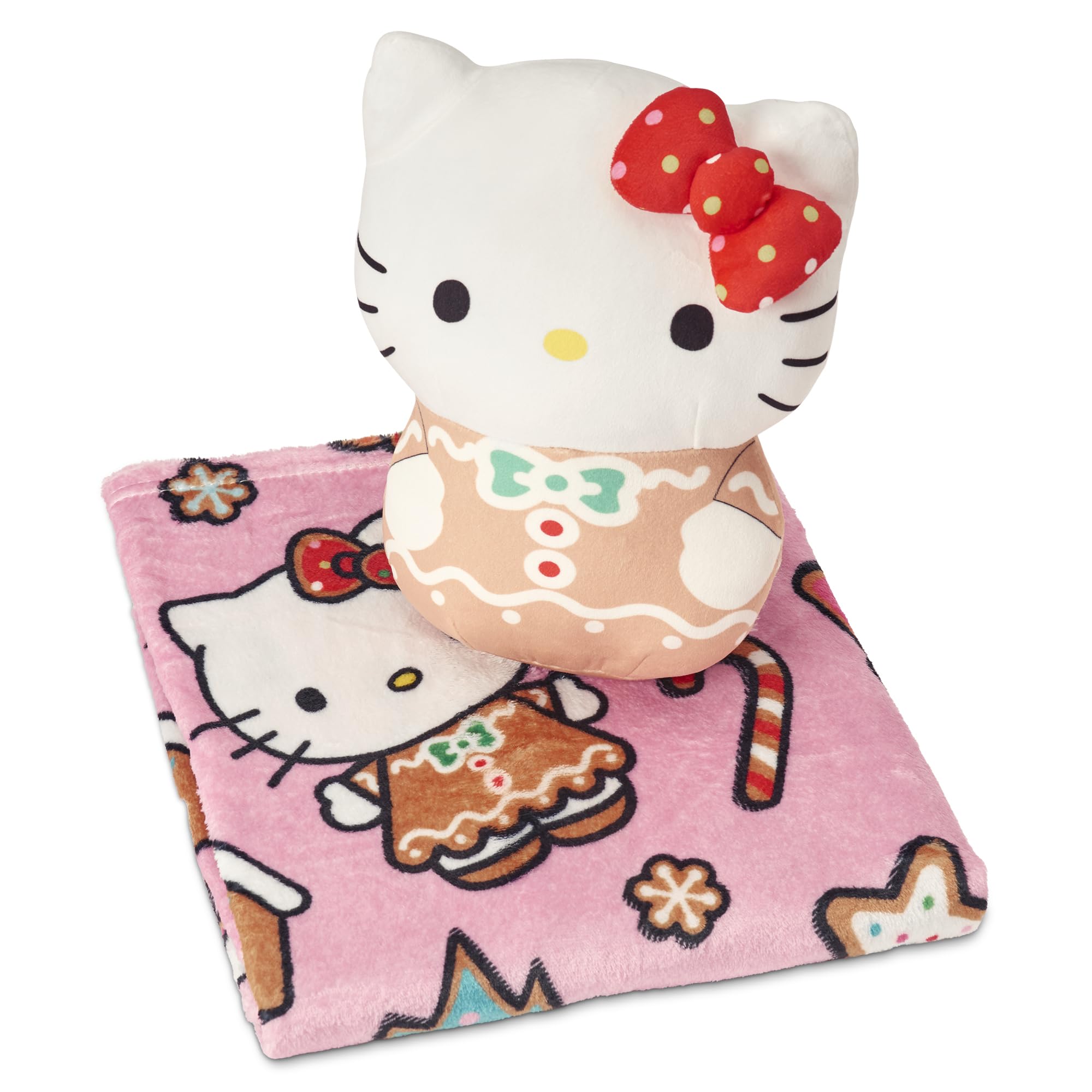 Hello Kitty Gingerbread Joy Hugger Pillow and Throw Blanket Set – 11 inch Character Plush with 40x50 inch Soft Fleece Blanket – Cozy for Kids, Girls, Boys, Travel, Nap Time