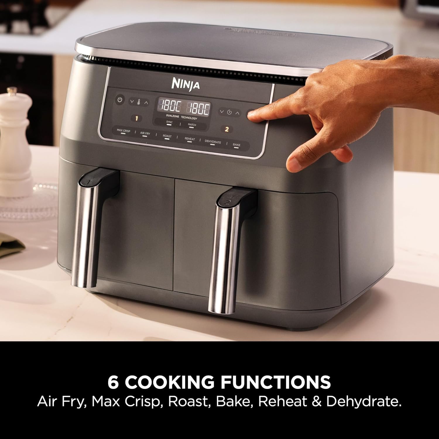 Ninja Friggitrice ad aria digitale a doppia zona, 2 cassetti, 7,6 l, 6 in 1, non utilizza olio, friggere ad aria, massima croccante, arrostire, cuocere, riscaldare, disidratare, antiaderente, lavabile