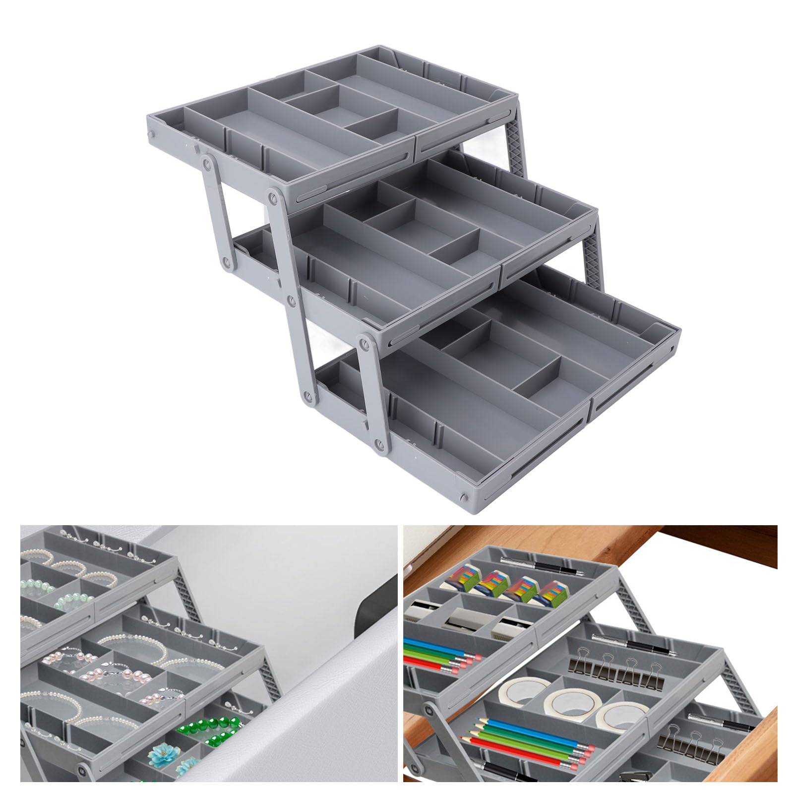 Organizer per cassetti, espandibile, pieghevole, versatile, per bagno e scrivania, contenitori in plastica per trucchi, camera da letto, gioielli, utensili da cucina e ufficio (3 pezzi)