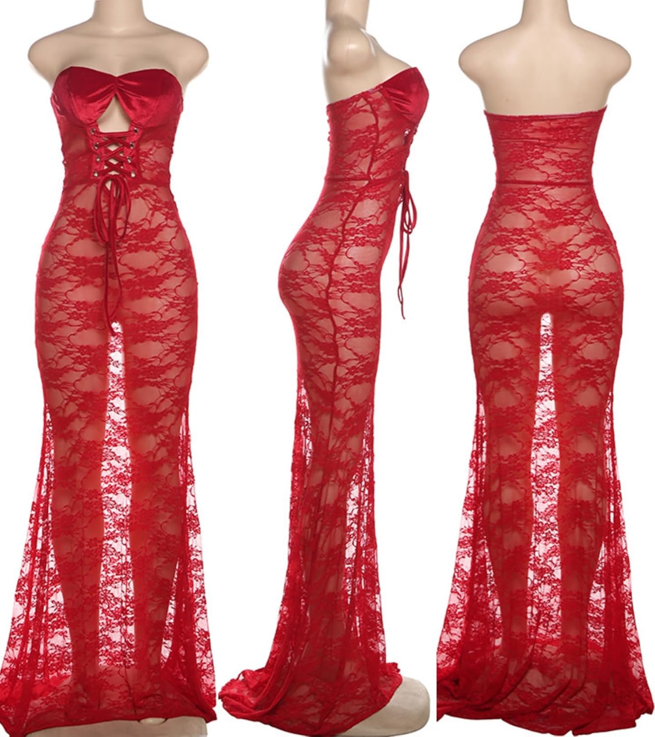 Sexy Strapless Lace Maxi Dress See Through Sleeveless Bodycon Tube Sheer Mermaid Dress Evening Party Gowns Dresses - Image 6
