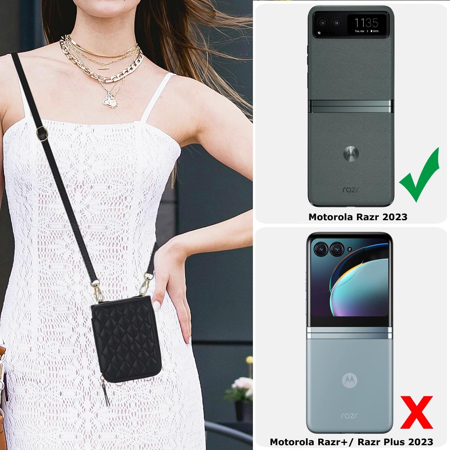 Cellular Phone Case for Motorola Moto Razr 2023, RFID Blocking Zipper Wallet Case with Crossbody Strap, 8 Card Holders Women Girls Leather Case - Black