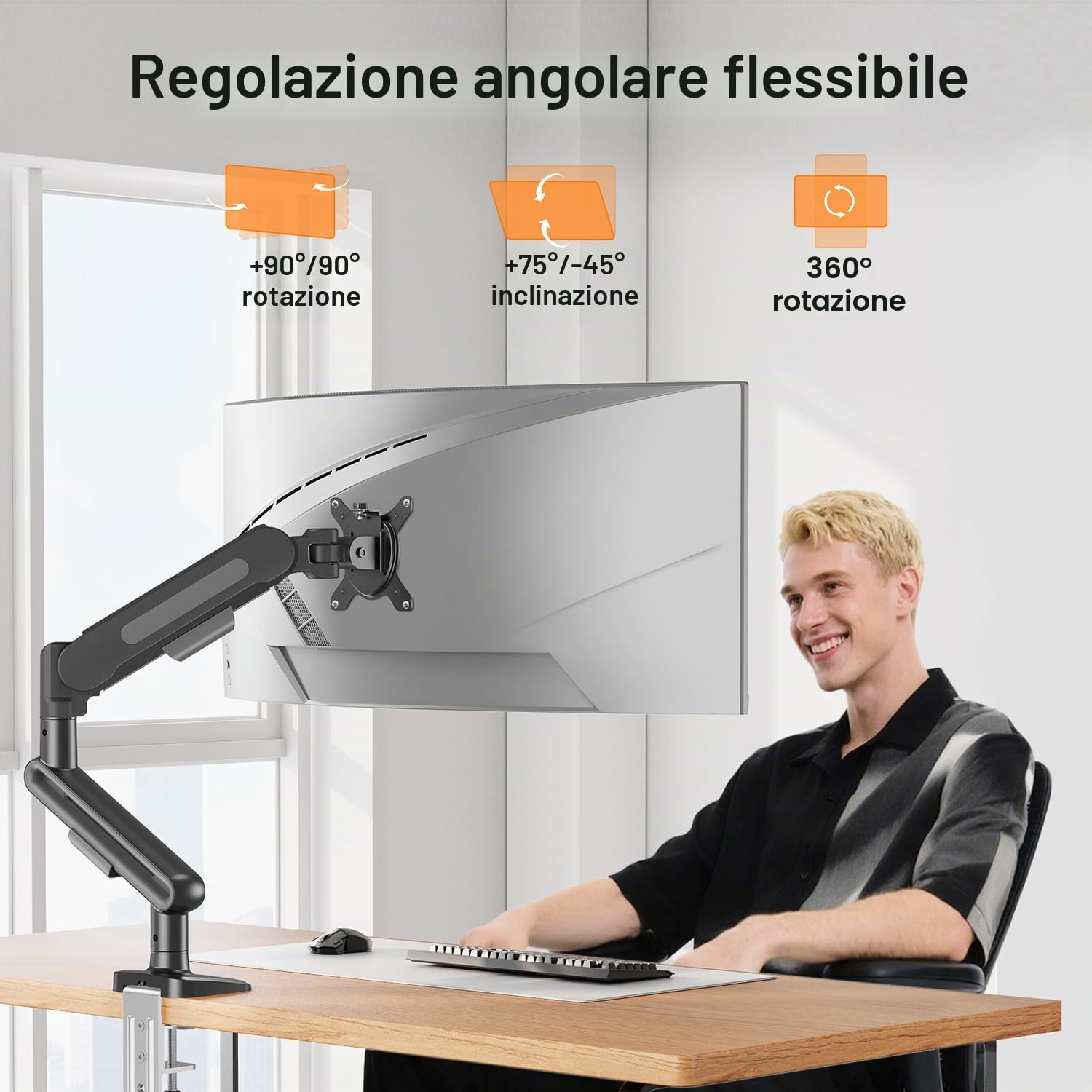 ELIVED Supporto da scrivania per monitor singolo per schermi da 13-34", supporta max 12 kg, inclinabile e girevole, braccio regolabile in altezza con molla a gas, VESA 75 e 100 mm, morsetto a C e base