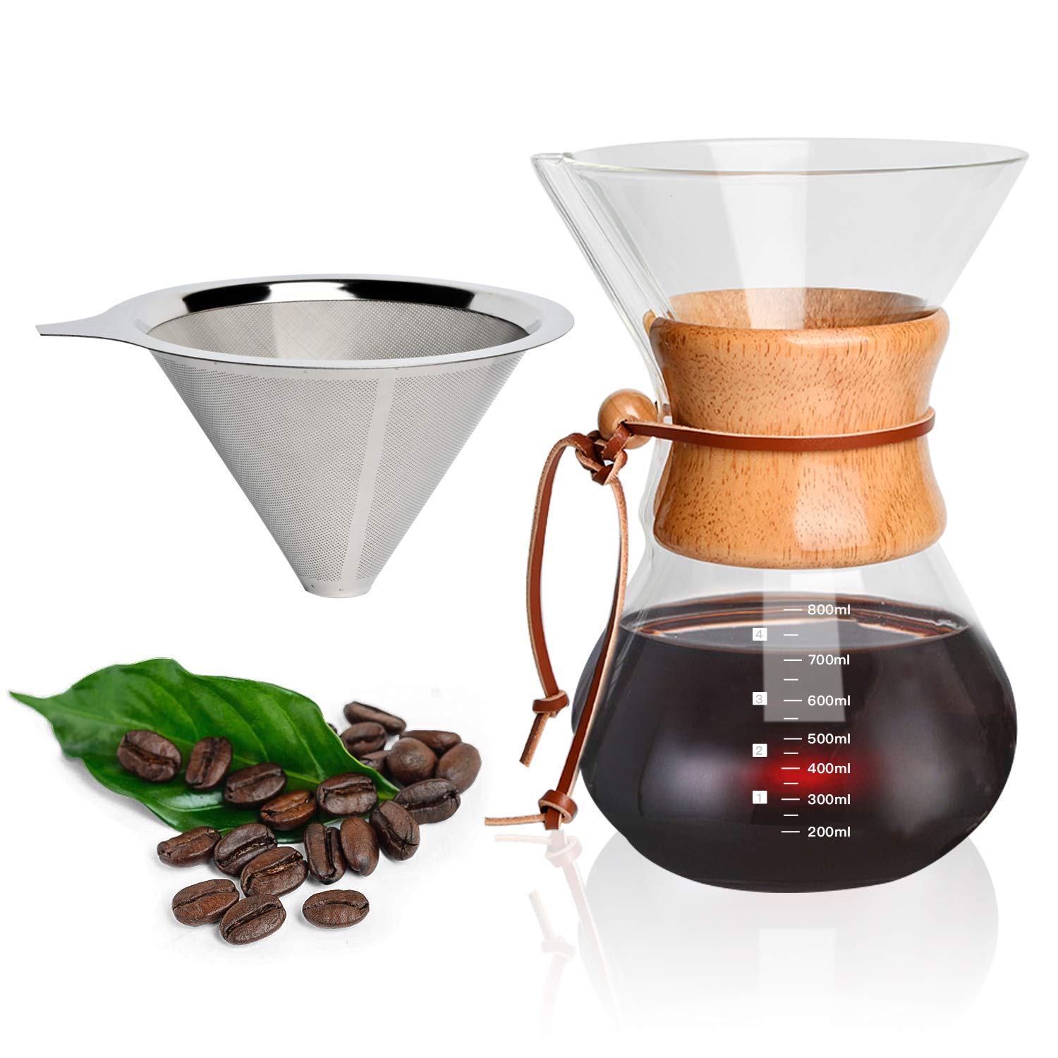 Milkary Pour Over Coffee Maker, Manual Coffee Dripper with 304 Stainless Steel Filters, Transparent Borosilicate Glass Reusable Drip Pot with Real Wood Sleeve-28 oz