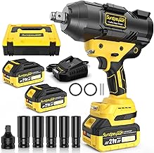 Pistola de Impacto Bateria 2100 Nm, 3/4" Llave de Impacto Brushless con 2 * 4000mAh Baterías & 5 Enchufes & Adaptador de 3/4" a 1/2", Destornillador de Impacto para Coche, Camión y Hogar, Amarillo