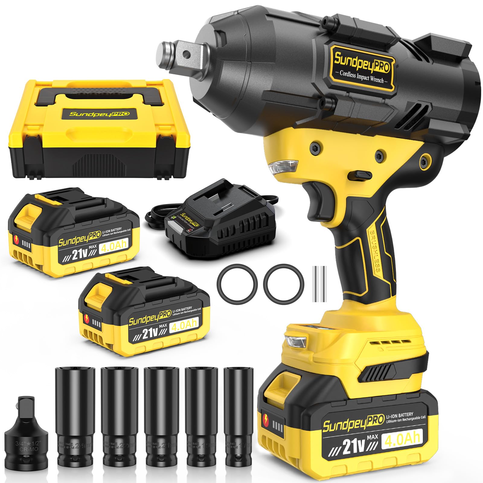 Akku Schlagschrauber 2100N·m, Bürstenloser Schlagschrauber mit Hohem Drehmoment und 2 x 4,0 Ah Akku, Impact Wrench mit 3/4" auf 1/2" Adapter, 5 Stecknüssen und Koffer für Auto, LKW, Gelb