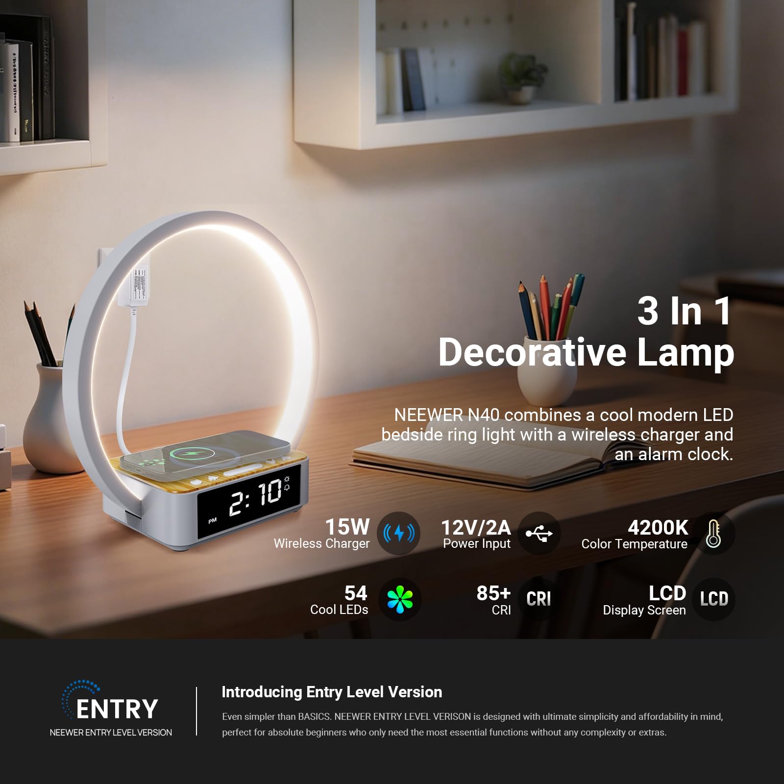 NEEWER Entry Level Version Bedside Lamp con 15W Carga Inalámbrica Compatible con iPhone AirPods,Sunrise Alarm Clock, Dimmable Aro Foco Luz Desktop LED Táctil para Dormitorio Mesita Noche Lectura, N40