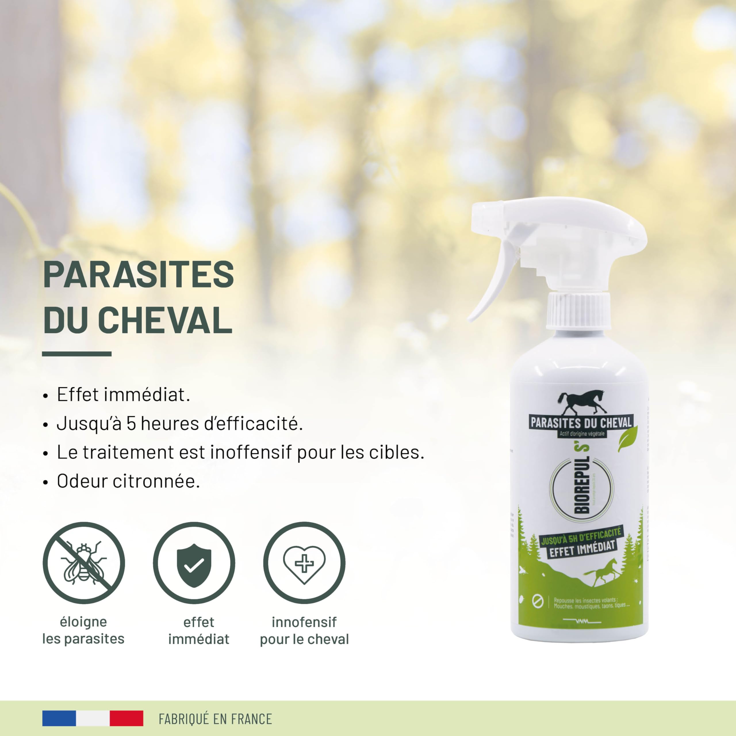 BIOREPUL'S - Spray Répulsif pour Mouches de Cheval - Parfum citronné à l'huile d'eucalyptus - Efficace jusqu'à 5h - 450 ML