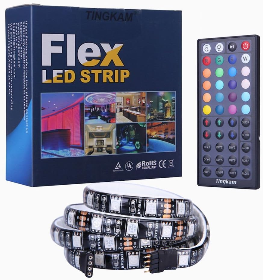 TINGKAM® 1M 5050 RGB Colour Changing LED Strip Kit 44 Key Remote Controller 1.5A US Plug Power Supply Mood Lights for Cabinet Dispaly/TV Back Decoration