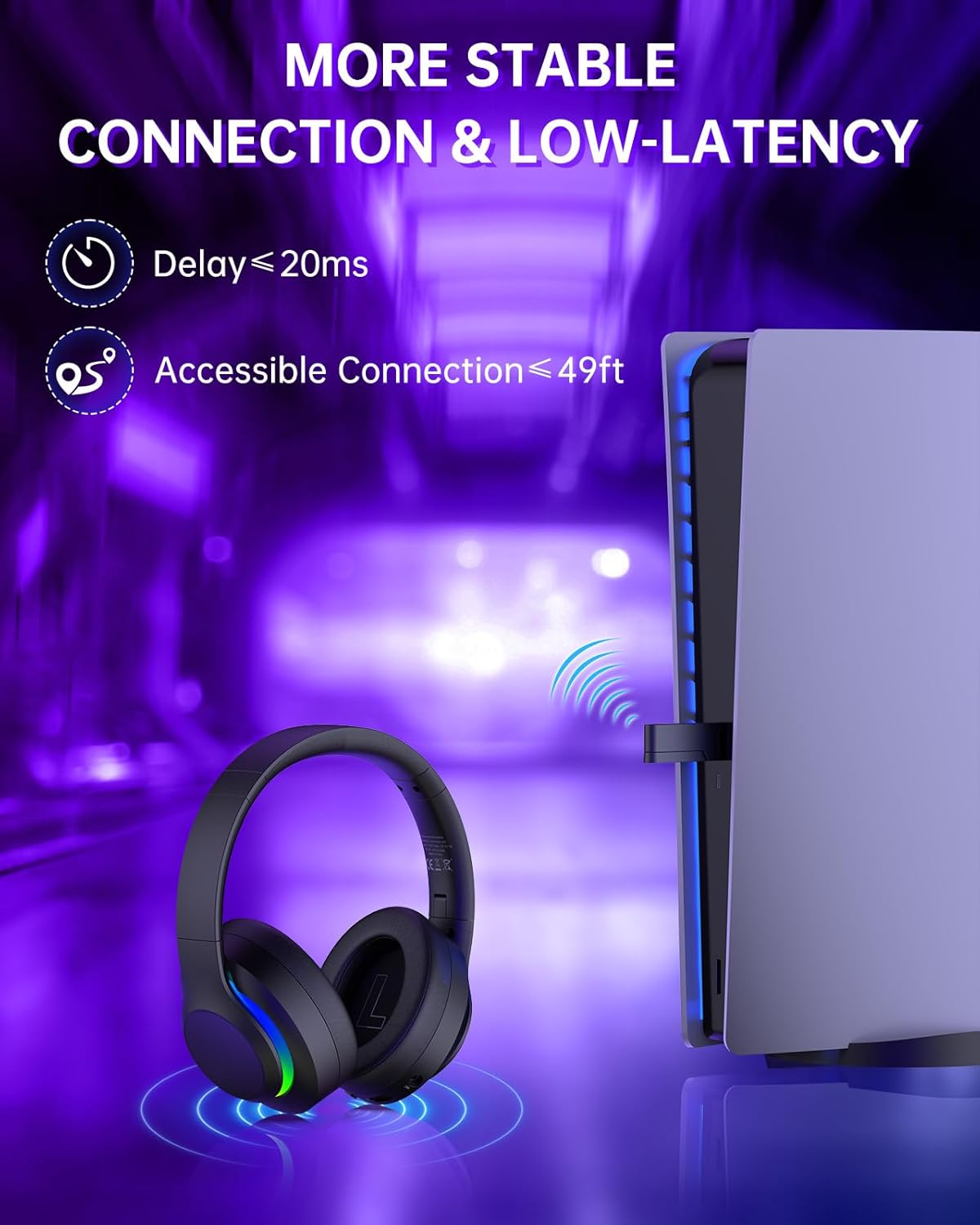 Wireless Gaming Headset for PS5, Foldable 2.4GHz Gaming Headphones for PS5, PS4, Switch, PC, Bluetooth 5.4 Gaming Headset with 45H Battery, Noise Canceling Mic, USB-C, RGB Lights - Black - Image 3