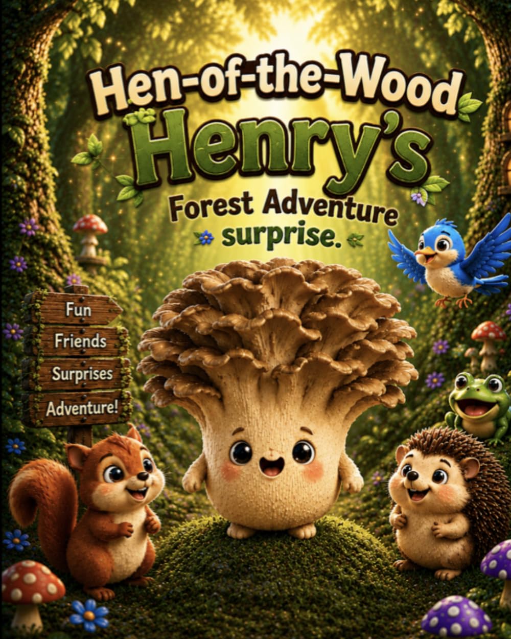 Hen of the wood Henry's forest adventure suprise. (Portobello mushroom friends)