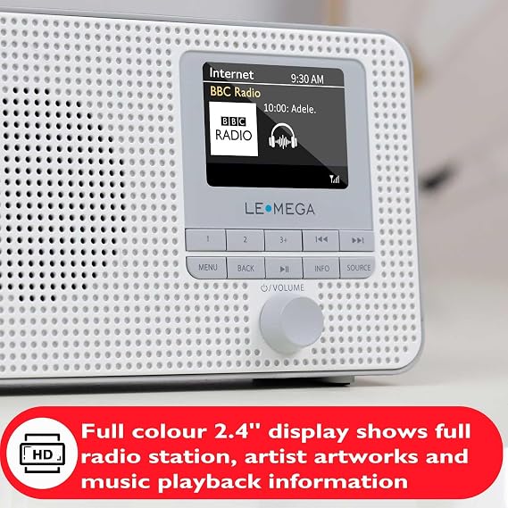 LEMEGA IR1 Portable WiFi Internet Radio, FM Digital Radio, Bluetooth, Dual Alarms Clock,Sleep Snooze Timer,40 Presets,Headphone-Output, Colour Display,Batteries or Mains Powered Grey Finish