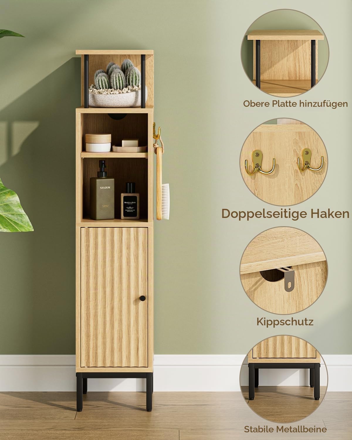 HEYZOEY hoher Badezimmerschrank, freistehender Bodenschrank, hoher Aufbewahrungsschrank mit Tür, schlanker Badezimmerspeicher für Badezimmer, Küche, Wohnzimmer, Schlafzimmer, Balkon oder Büro, Eiche