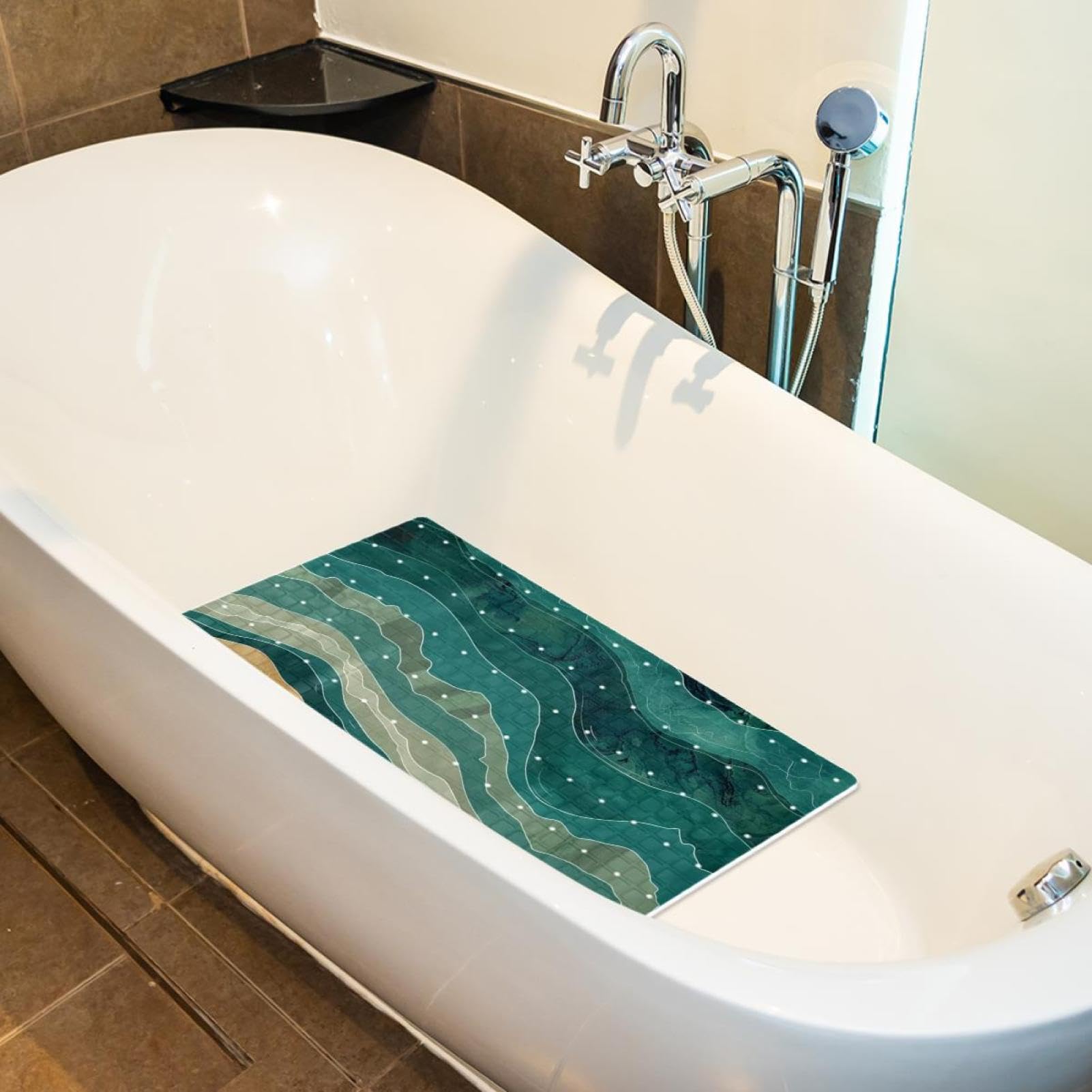 Waves Tapis de bain antidérapant en PVC Motif étoiles de mer Vert océan 38,5 x 68 cm