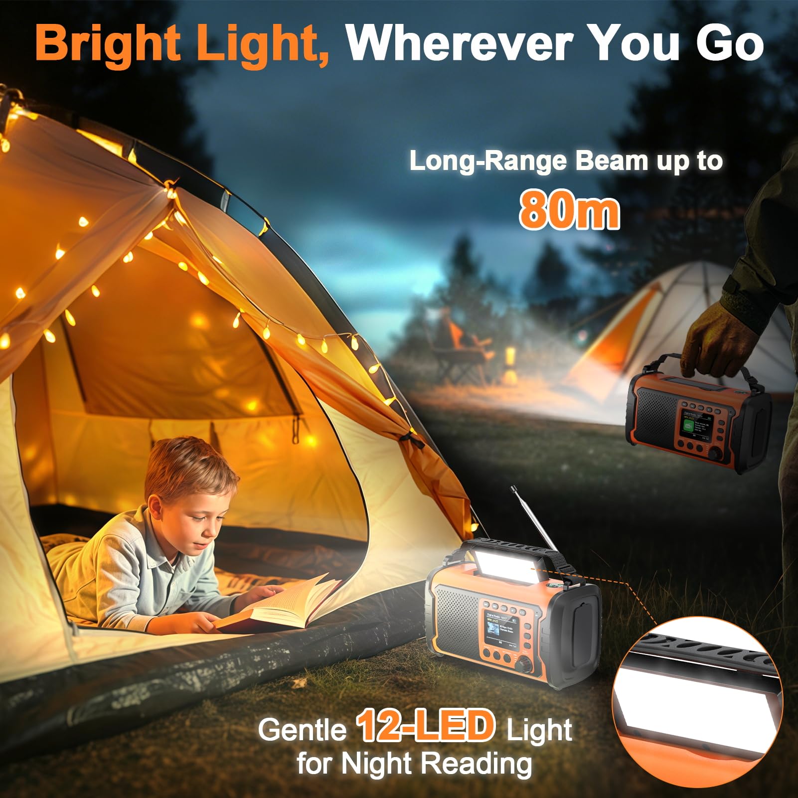Radio di Emergenza DAB+/FM 20000mAh con Powerbank, Solare e Manovella | Bluetooth 5.3, SOS, Torcia e Luce da Lettura per Casa, Campeggio, Camper e Blackout, Arancione