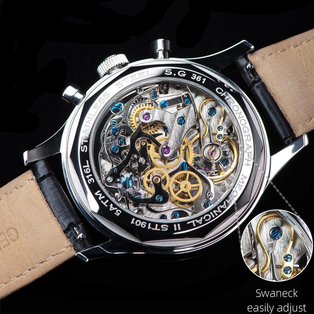 Seestern Sugess ST1908 Mechaniczny chronograf ze stali nierdzewnej czarny szafir data zegarek męski, Czarny, pasek