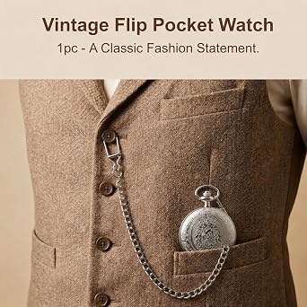 Quartz Pocket Watch for Men with Chain and Black Dial, Vintage Pocket Watch