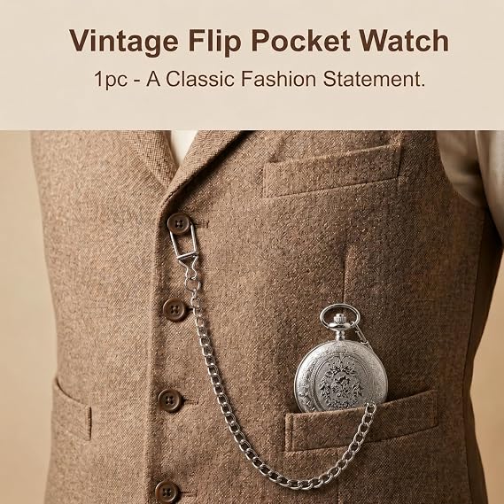 Quartz Pocket Watch for Men with Chain and Black Dial, Vintage Pocket Watch