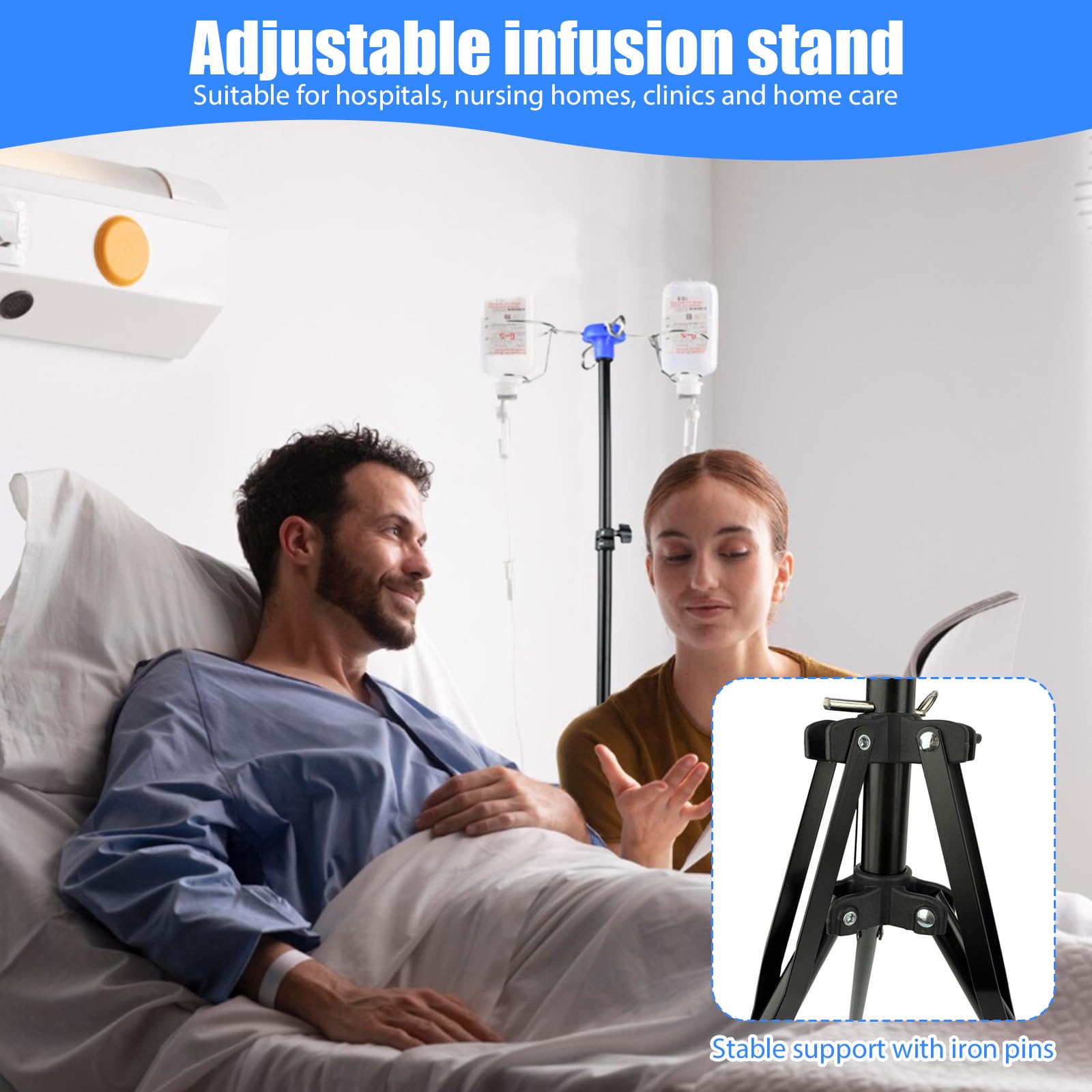Supporto regolabile per infusione, pieghevole, altezza regolabile 87-190 cm, scolapiatti con 4 ganci e pratico supporto per fiale, con treppiede stabile, per ospedale e cura domestica