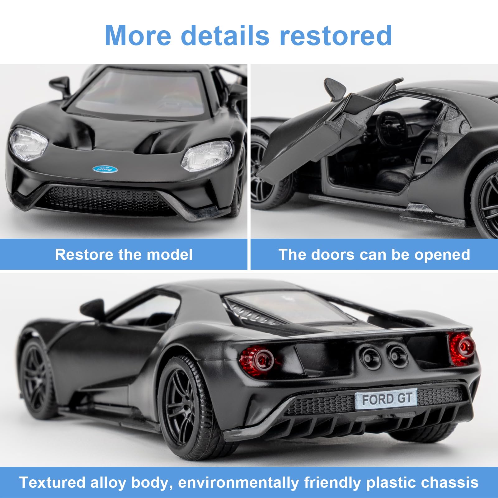 BGHSCA 1/36 Toy Car Compatible with Ford Gt Diecast Model Car, Pull Back Vehicles for Kids Boys Girls 3+ Years Old Gift(Matt Black) - Image 3