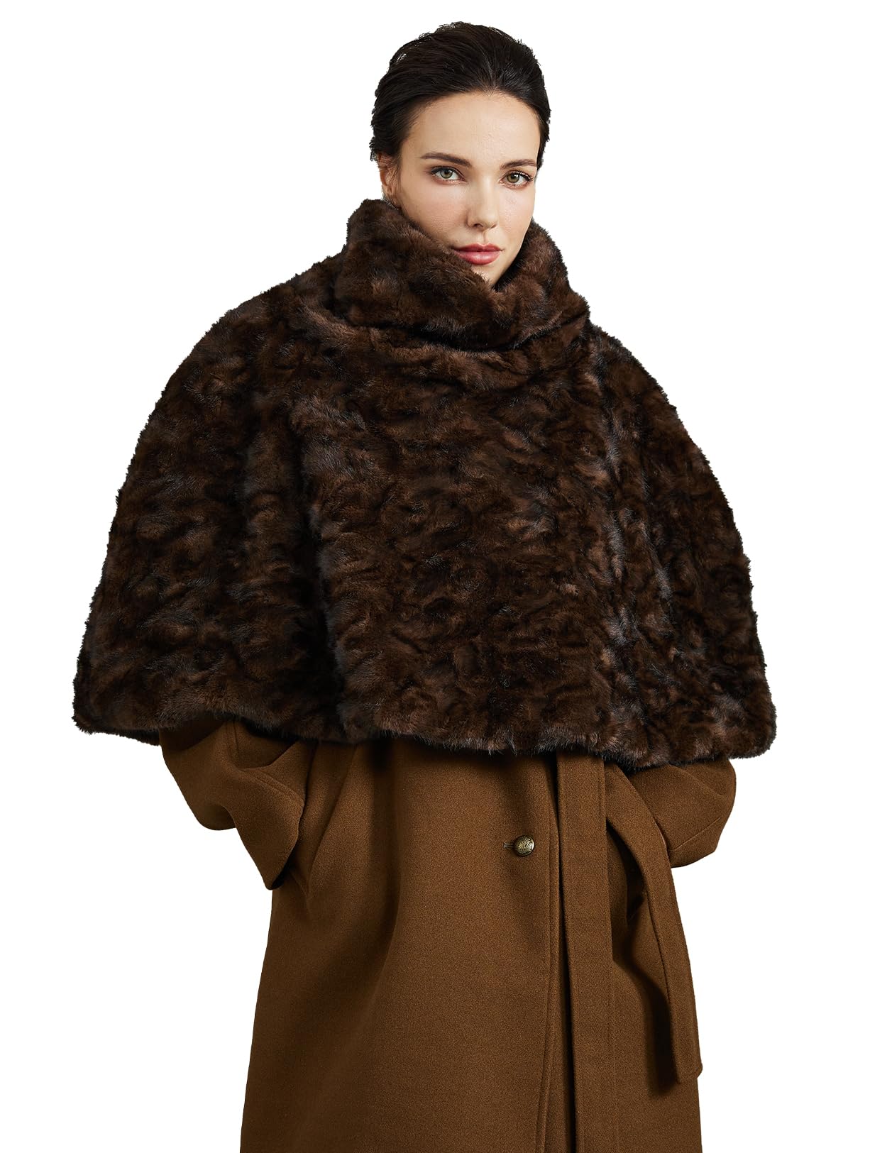 BEAUTELICATE Poncho Cape en Fausse Fourrure Manteau Col Roulé Chaud Boléro Châle Étole Luxe sans Manches pour Soriée Mariage De Hiver Deguisement De Médiévale Noël