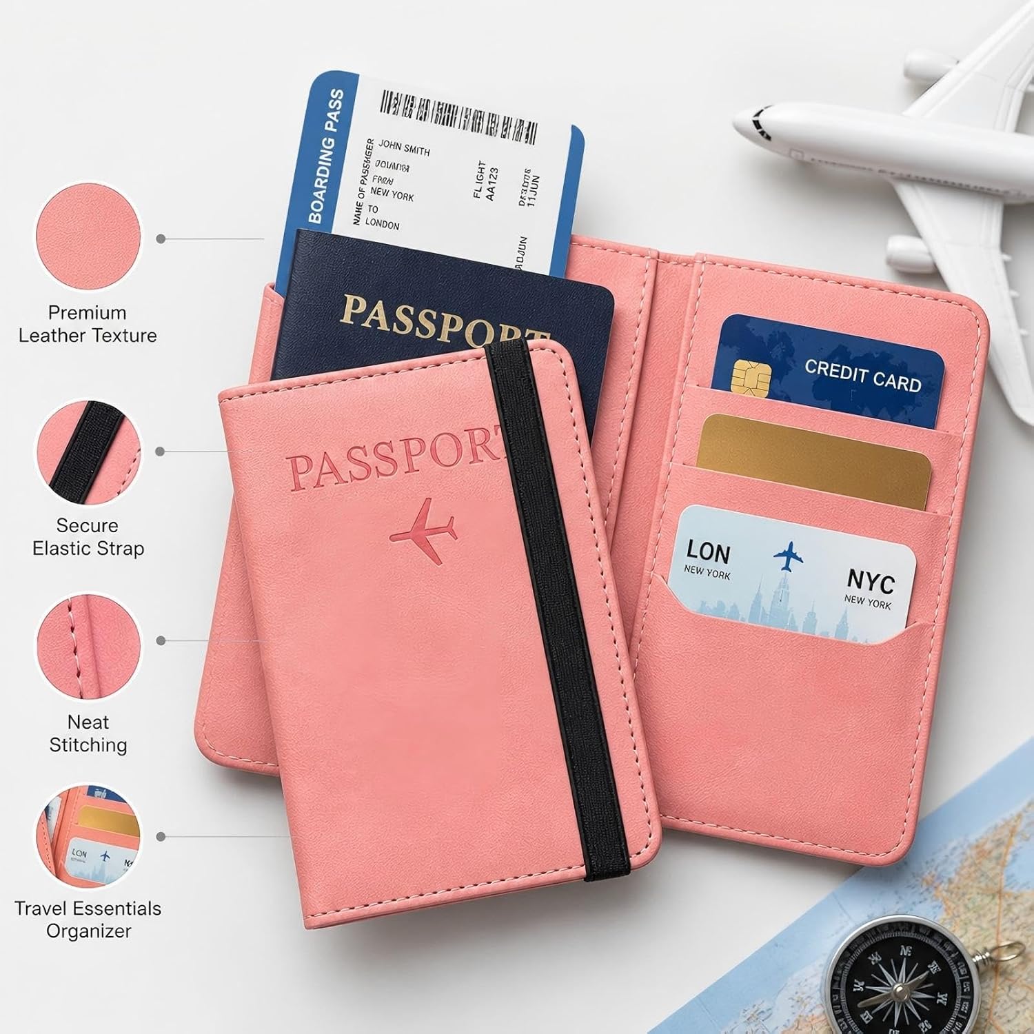 RFID Blocking Passport Wallet, PU Leather Travel Passport Holder with Card Slots, Anti-Magnetic Passport Cover for Men Women, Pink image 3