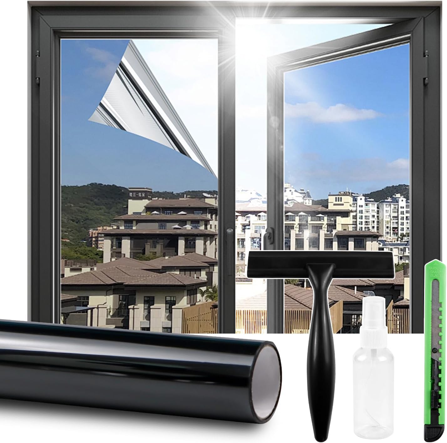 Window Privacy Film One Way Daytime 17.5 in x 6.5 Ft Static Cling Sun and Heat Blocking Anti UV Reflective Mirror Window Tint for Home and Office Black