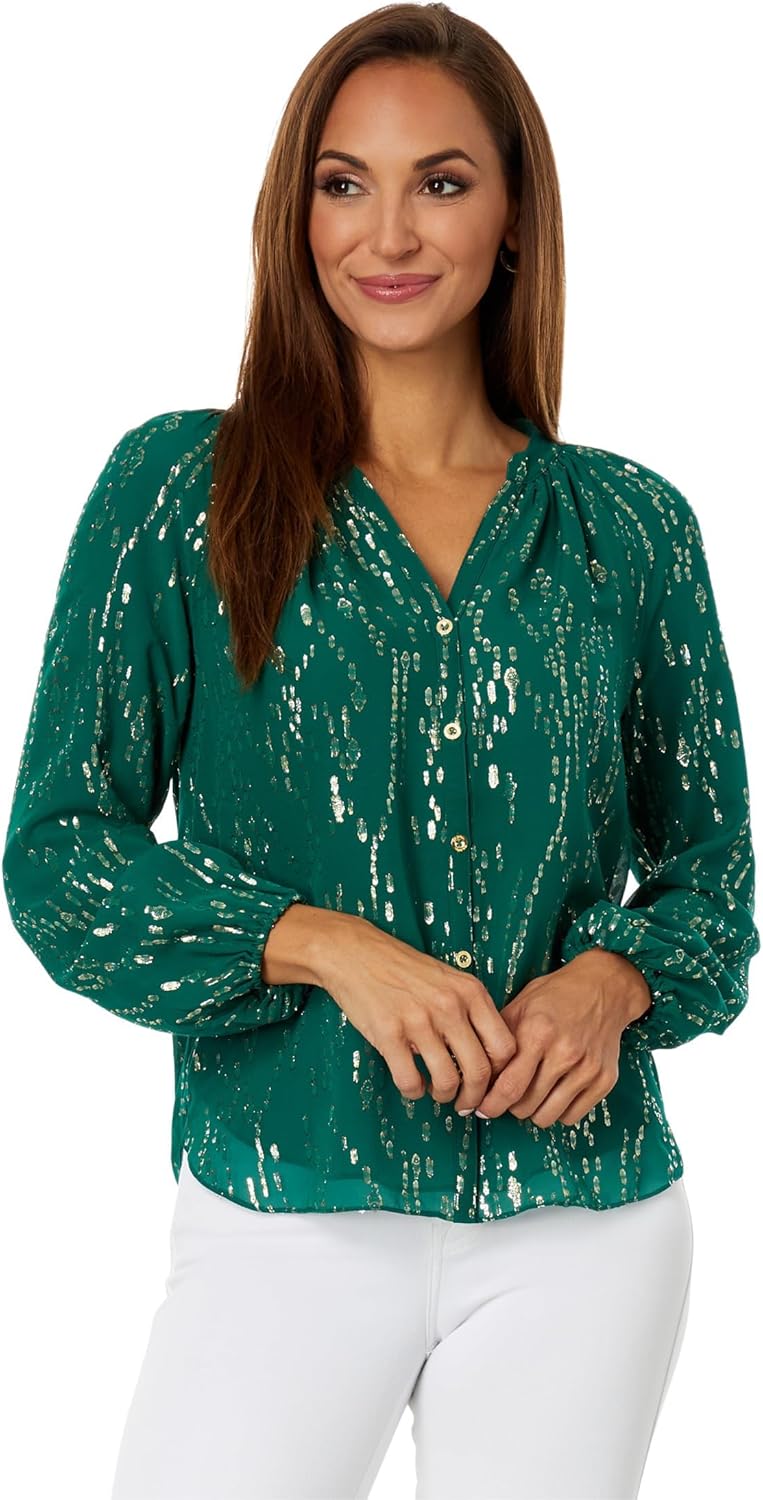 Lilly Pulitzer Saige Long Sleeve Silk Top Evergreen Fish Clip Chiffon XS