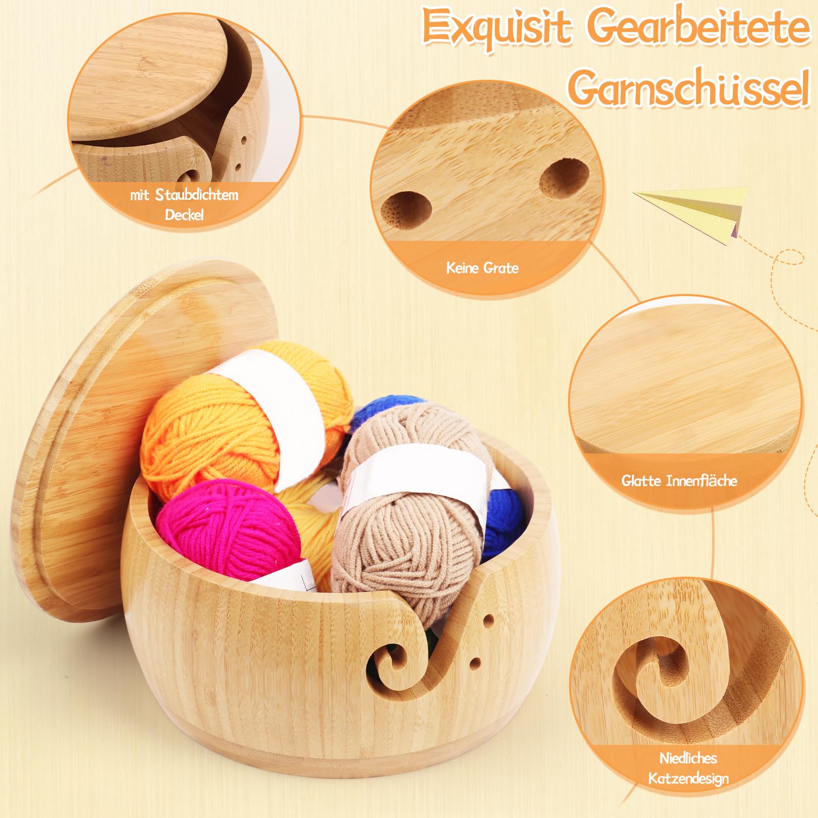 Coopay Kat garenschaal voor wol, 17 x 10 cm, walnootkleur, houten garen, lichte grote wolkom om te breien, handgemaakte wollen schaal om te haken, draagbare gebreide schaal (natuurlijk