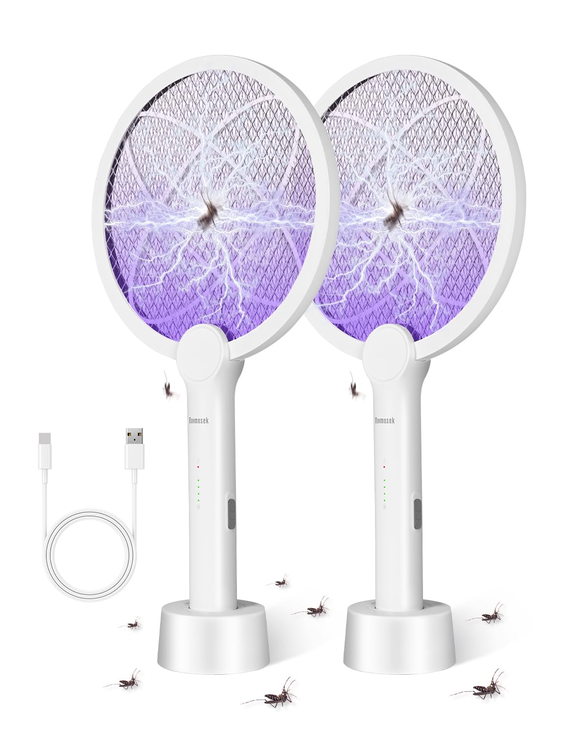 Bavmosek 4000V Elektrische Fliegenklatsche mit Ladestation, 2 in 1 USB mit Akku Aufladbar Elektro Mückenklatsche mit Lichtfalle Moskito Schwarz (Weiß 2 STK)