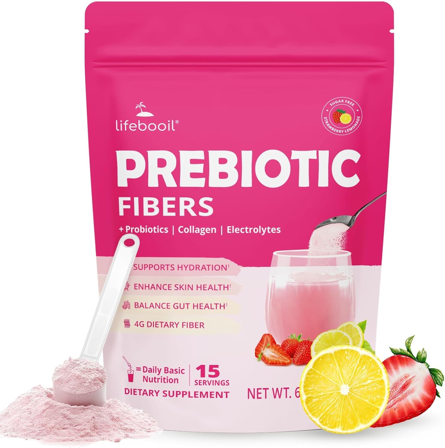 Daily Fiber Supplement for Women&Men, Fiber Powder with Probiotics, Collagen & Electrolytes- Supports Digestive & Gut Health, Bloating Relief | Sugar Free, Vegan, Strawberry Lemon Flavor, 15 Servings