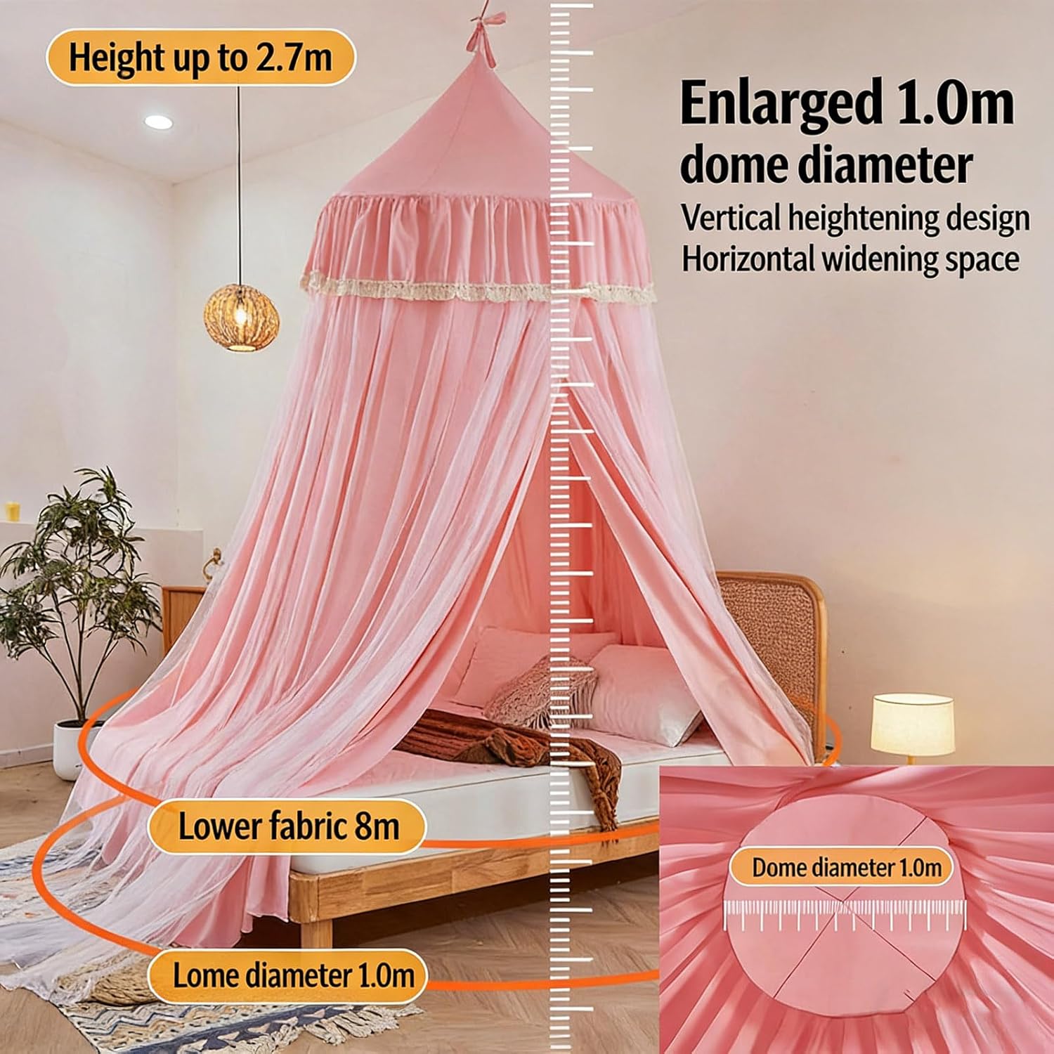 BK&MF Princess Dome Bed Canopy for Girls' Rooms, Double-Layer Sheer Mosquito Net, Blackout Bed Curtain for Beds 39–87 Inches Wide, Ceiling Mount for Bedroom Decoration,Pink 1