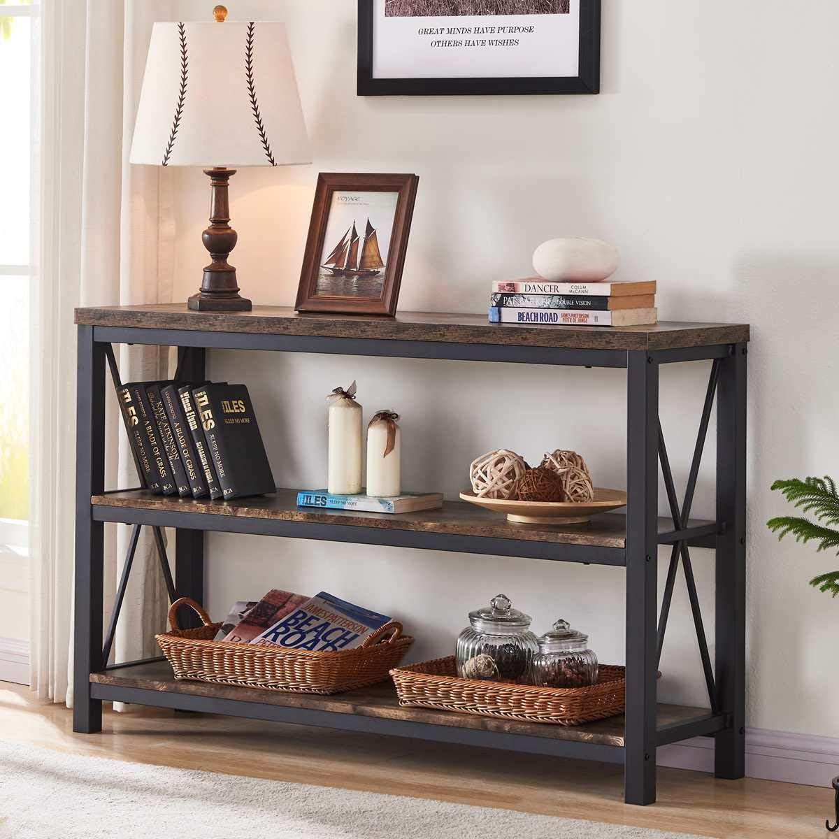 BON AUGURE Industrial Sofa Console Table, Couch Table, 3 Tier Horizontal Entry Tables with Open Shelf, Rustic Entryway/Hallway Table for Living Room (47 Inch, Rustic Oak)