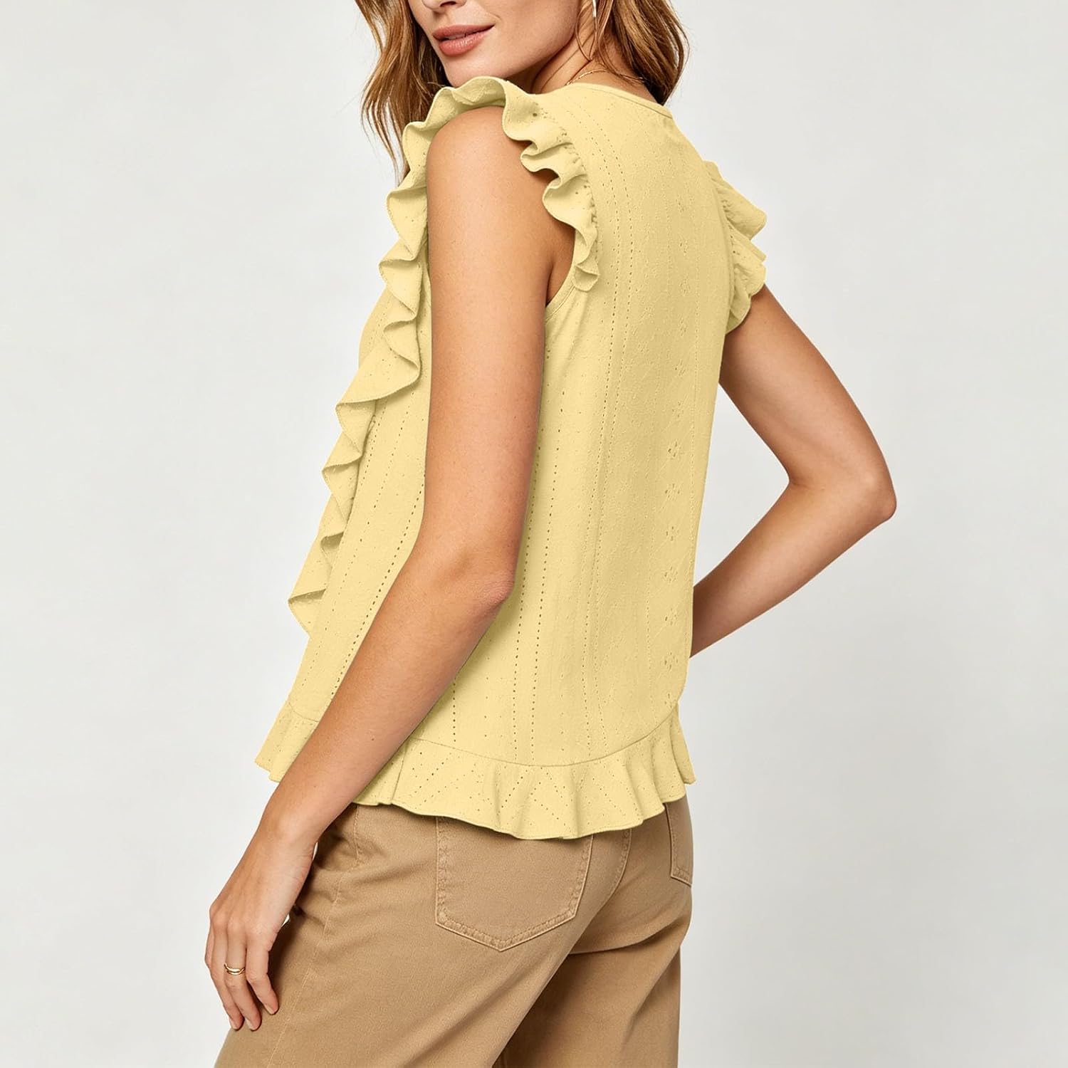 Women's Eyelet Cap Sleeve Ruffle T Shirt Summer Crew Neck Vacation Outfits Casual Loose Fit Elegant Blouses Top
