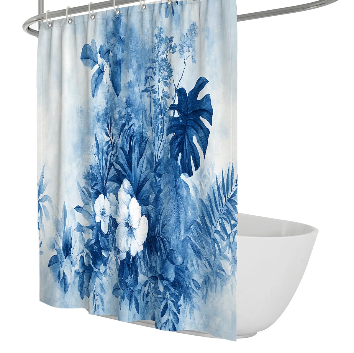 UERWOWELL Blue Shower Curtain Watercolor Monstera Palm Leaf Flower Waterproof Fabric Bath Curtains Tropical Botanical Boho Bathroom Decor Quick Dry W180xL220 cm