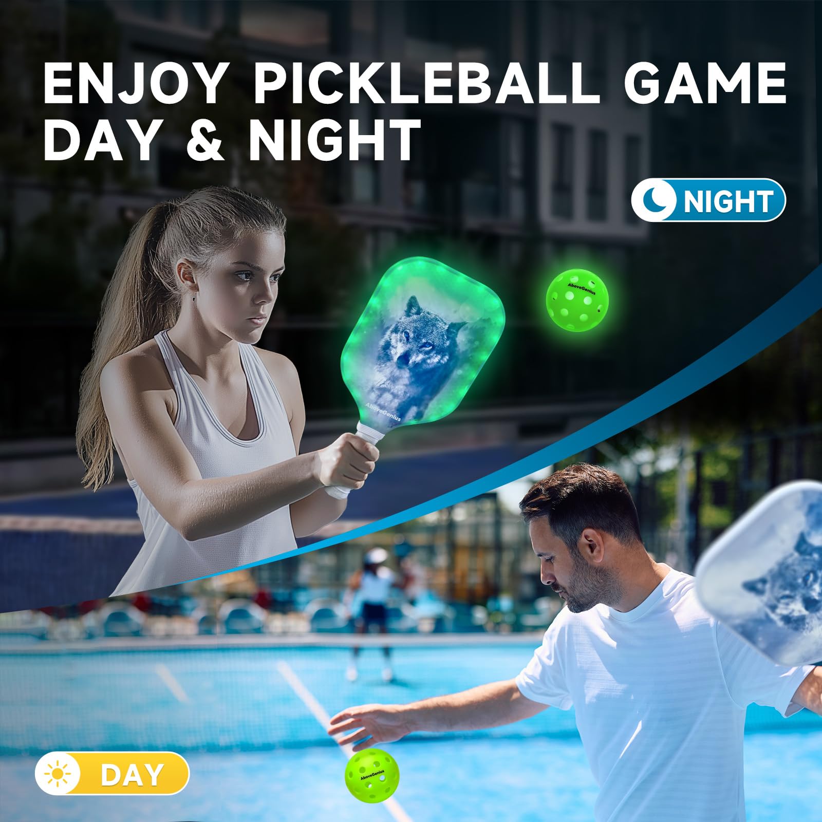 AboveGenius Palline da pickleball con luci LED, confezione da 6 palline da pickleball che si illuminano al buio, ad alta visibilità e di lunga durata per giocare notturno