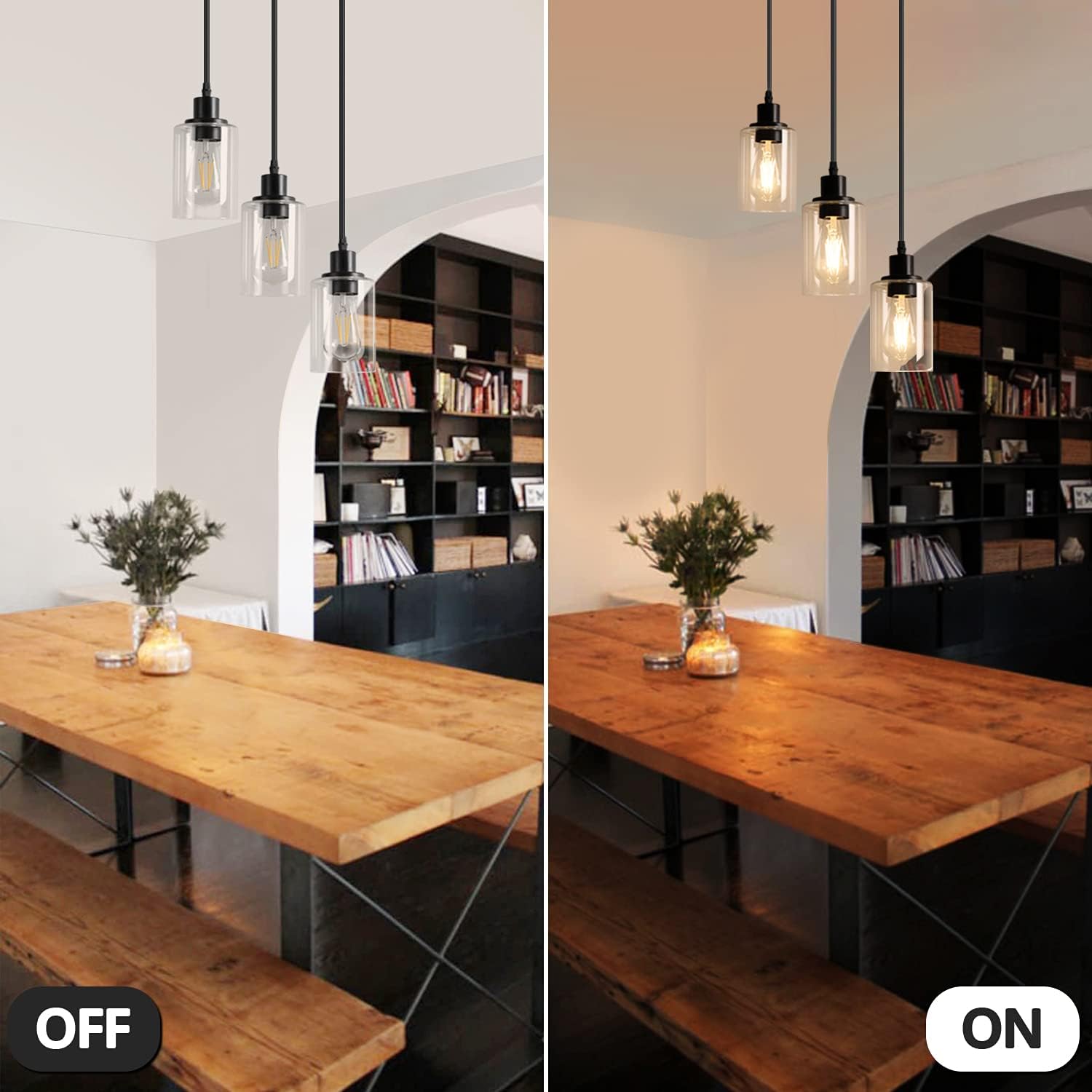 Industrial 3-Light Pendant Light, Adjustable Hanging Light Fixture with Clear Glass Shade, Mini Pendant Lighting, Vintage Farmhouse Ceiling Lamp for Kitchen Dining Room Hallway Bedroom E26 Base, Black - - 