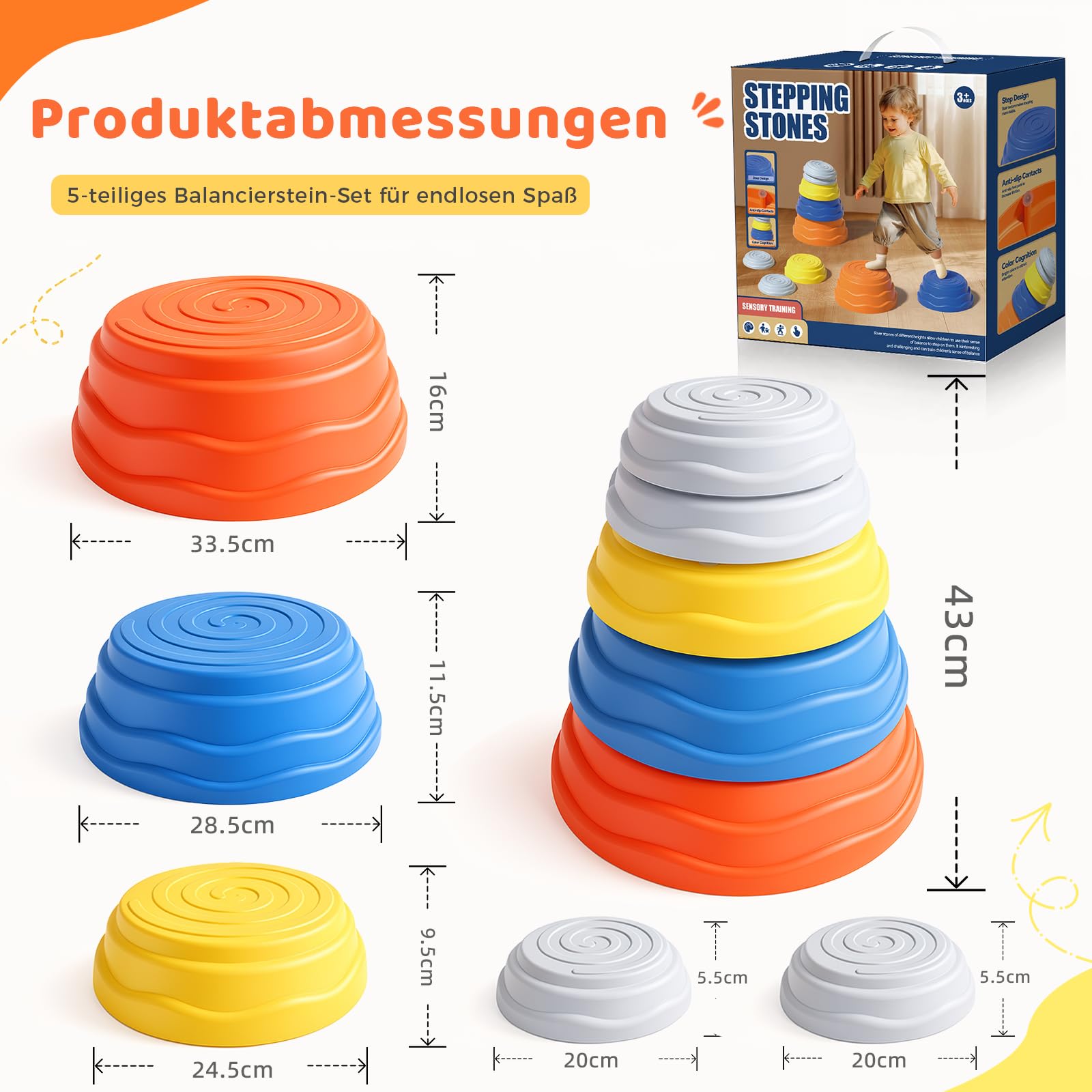 Rtomy Stapelsteine für Kinder - 5er Balanciersteine Set, Stepping Stones bis 100kg belastbar, rutschfest & leise - Montessori Balance Spielzeug Indoor Outdoor, Geschenk Jungen Mädchen ab 3 4 5 6 Jahre