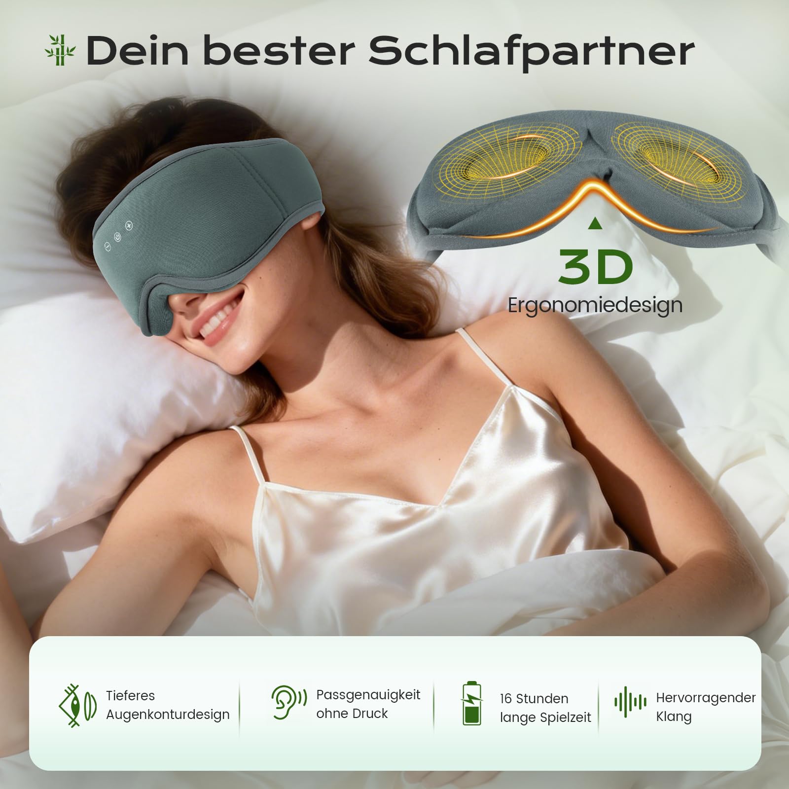 musicozy Bamboo 3D Casque de sommeil pour DE (xy) Gris