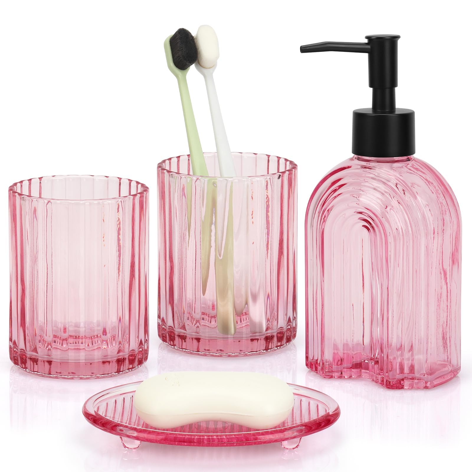 4Pcs Glass Bathroom Accessories Set – Arched Stripe Design Soap Dispenser, Toothbrush Holder, Tumbler & Soap Dish – Complete Vintage Bathroom Countertop Organiser Set for Home Decor (Pink A)