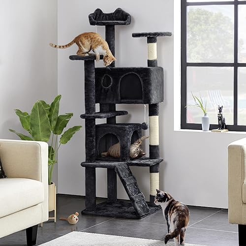 Vista 165 de Yaheetech Árbol para gatos de varios niveles de 70 pulgadas, torre alta para gatos con condominio, postes rascadores y bola colgante para gatos
