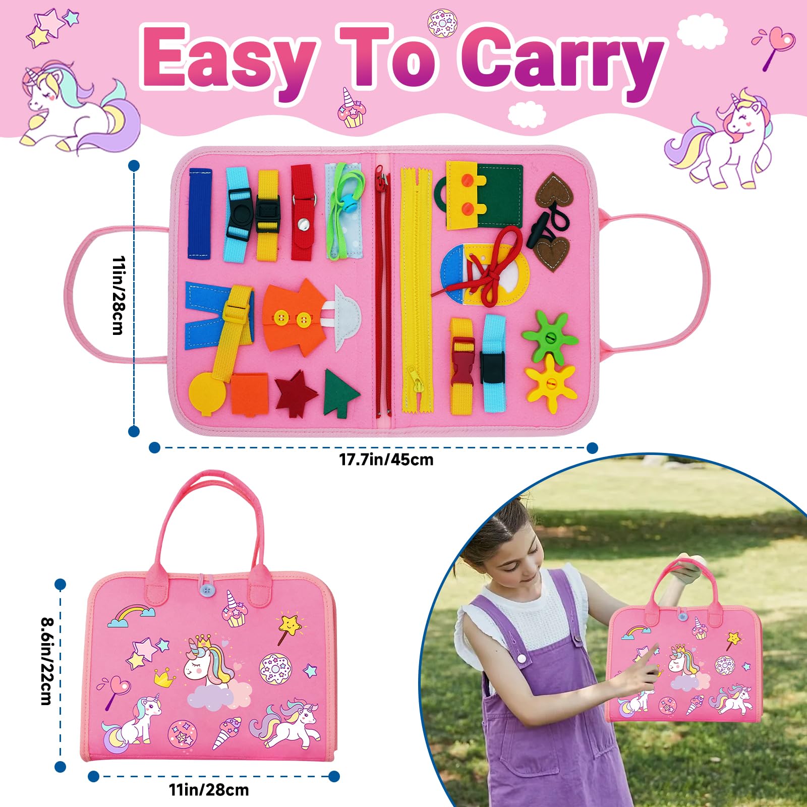 RunHero 10-in-1 Montessori Activity Board - Felt Sensory Learning Toy, Travel Toy for Car & Airplane, Ages 1-4 (Pink) - Image 2
