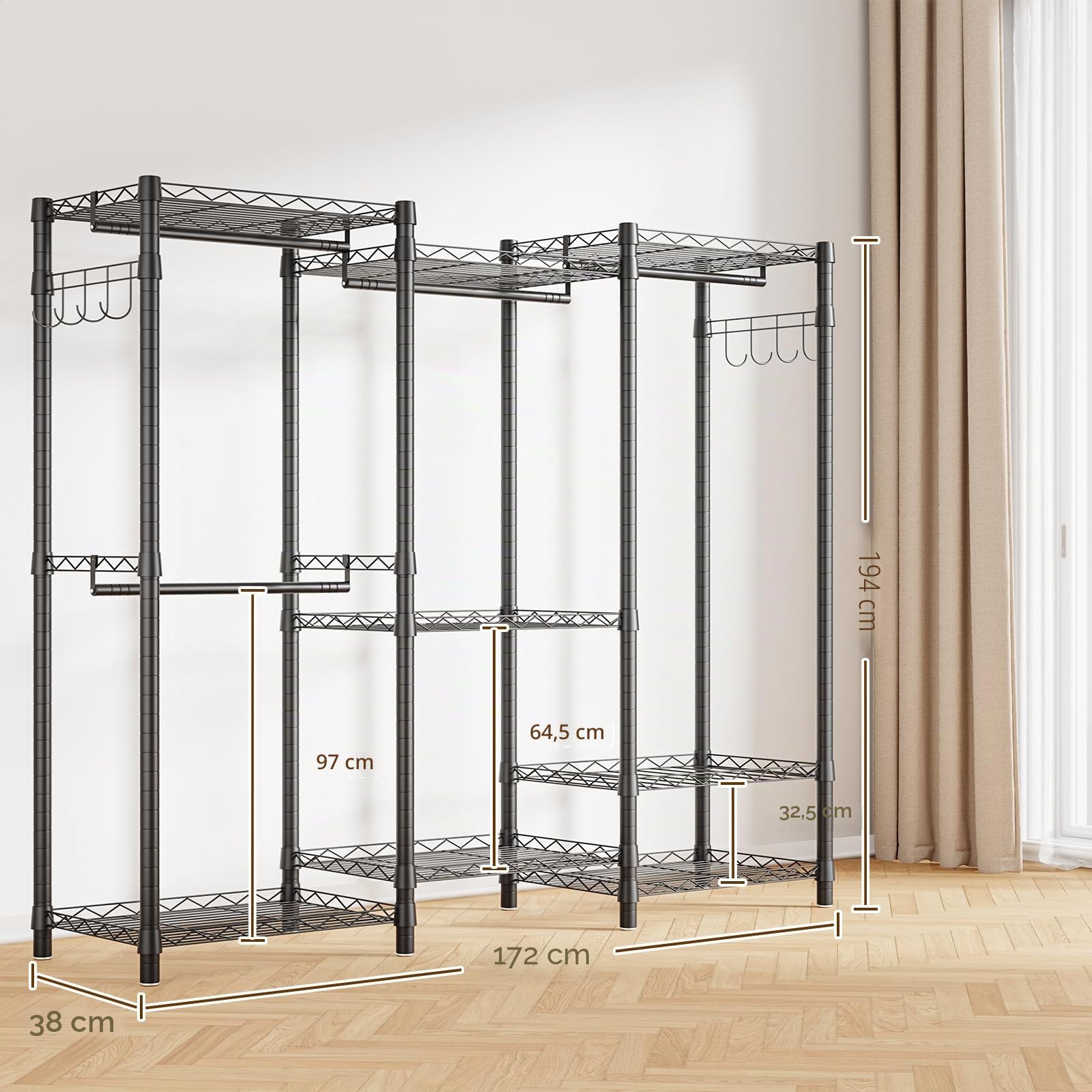 AQRA Perchero Burro Ropa Negro Metálico | 3 Barras Para Ropa, Ganchos Laterales, Carga máxima 400kg, Dimensiones 172×38×194cm