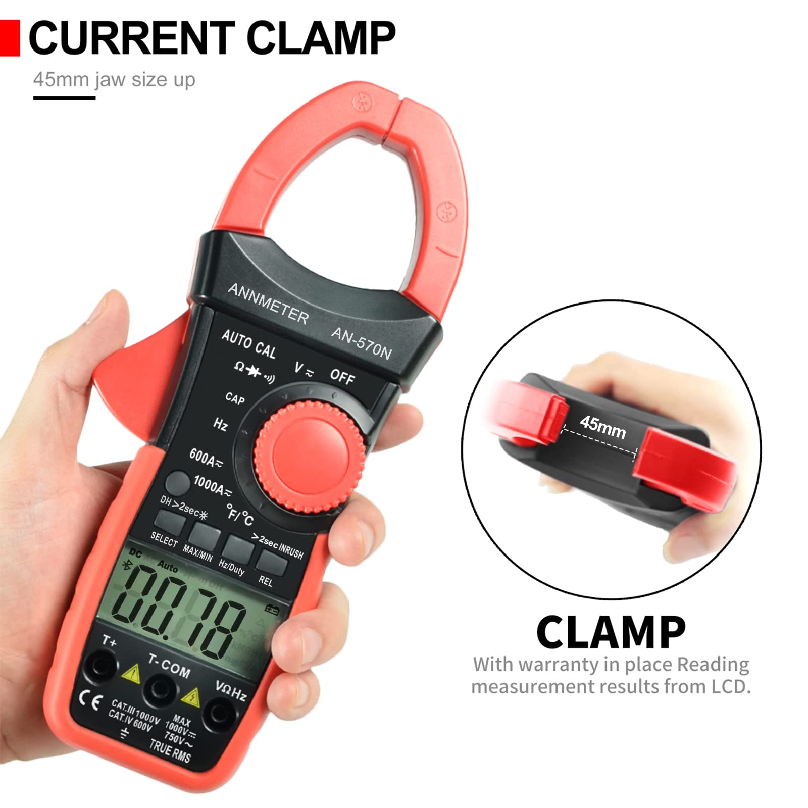 Digital AC DC Inrush Current Clamp Multimeter, 6000 Counts TRMS Auto