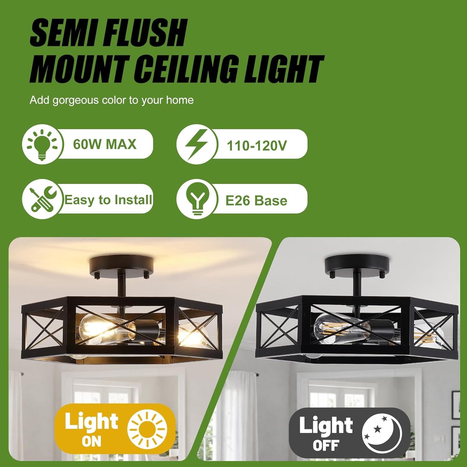 3-Light Kitchen Lighting Fixtures Ceiling Mount, Black Semi Flush Mount Ceiling Light for Dining Room Light Fixture, Farmhouse Close to Ceiling Lights with Hexagon Cage for Bedroom Hallway