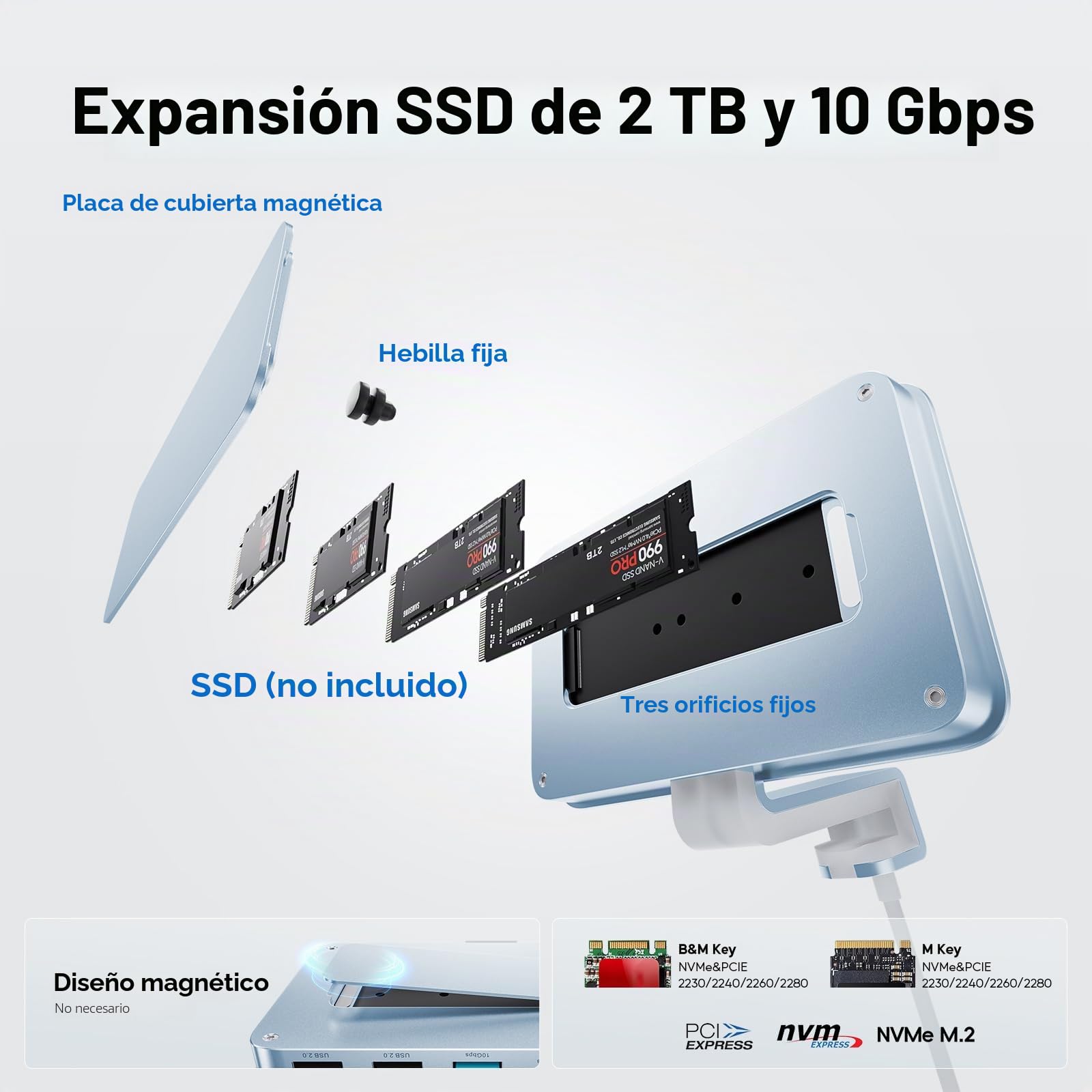 Accesorios para iMac de 24 Pulgadas con Carcasa para SSD M.2 NVMe | PULWTOP iMac USB HUB con USB A/C 10 Gbps, SD/TF, M.2 SSD Case, USB C Hub para iMac M1/M3/M4 & Studio Display 27"-Azul