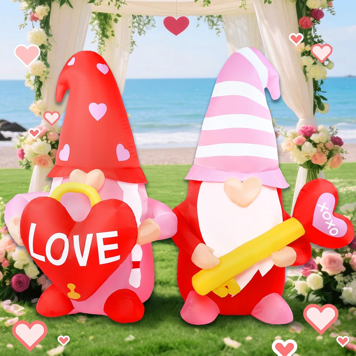 Valentine’s Day Inflatables Outdoor Decorations, 6FT Long Inflatable Gnomes Couple Hold Love Heart Lock & Key with LED Lights, Valentines Blow Up Yard Decoration for Valentine Indoor Outdoor Decor